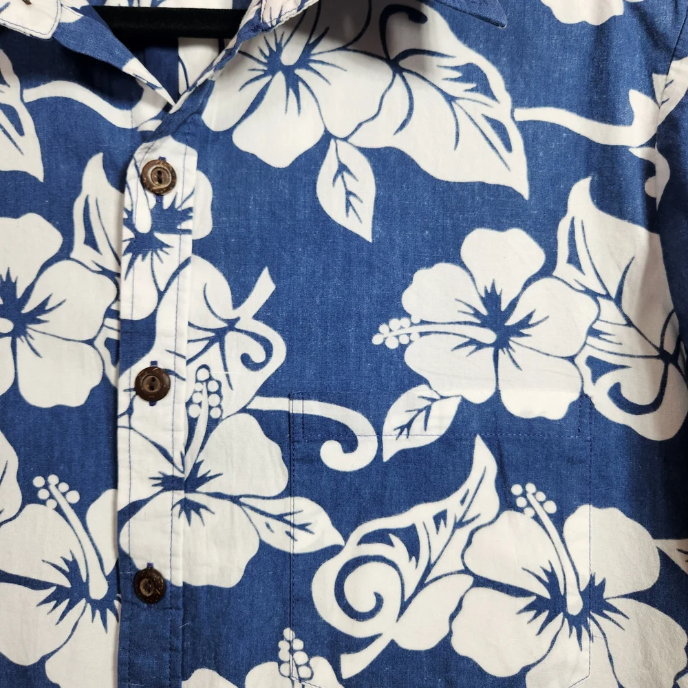 Paradise Bay Men's L Blue Floral Hawaiian Casual Button Down Shirt 100% Cotton - Picture 4 of 7